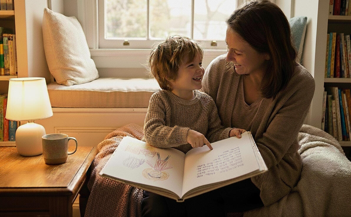 Families Love Picture This Club A child proudly showing their illustrated pages of a Picture This Club book to a smiling parent; warm lighting, cozy reading environment, book open to a drawn page.